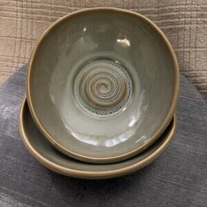 Set Of 2 World Market Irregular Stoneware Swirl Serving Bowls 9” Brownish Green